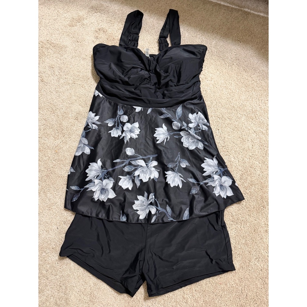 Aqua Eve Womens Plus 20W Black Floral Swim Dress Tankini Set with Boy Shorts NEW